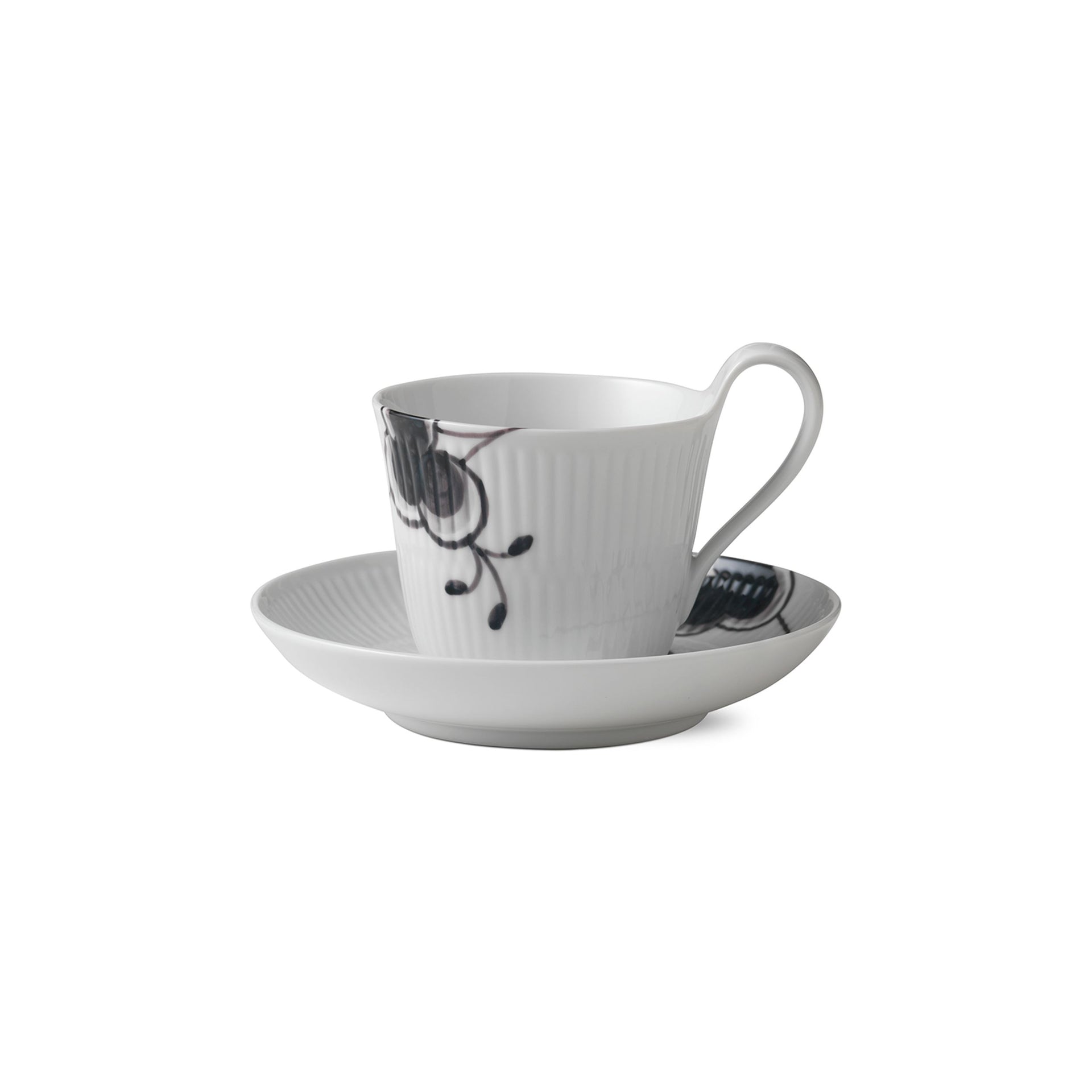 Sort Mega Riflet højhankskop og underkop, 24 cl - Black Fluted Mega High Handle Cup and Saucer, 24 cl
