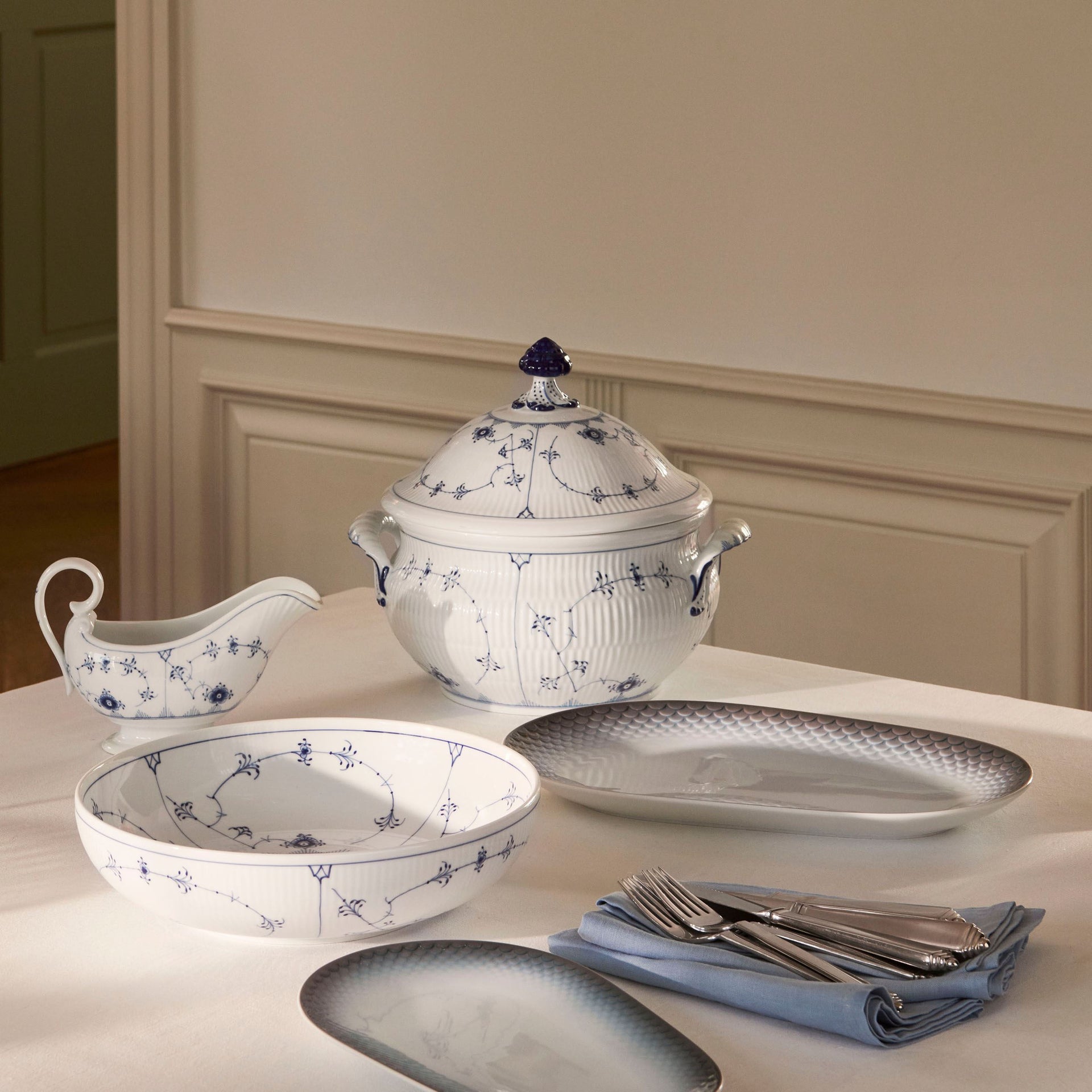 Blue Fluted Plain Sauce Jug, 37 cl