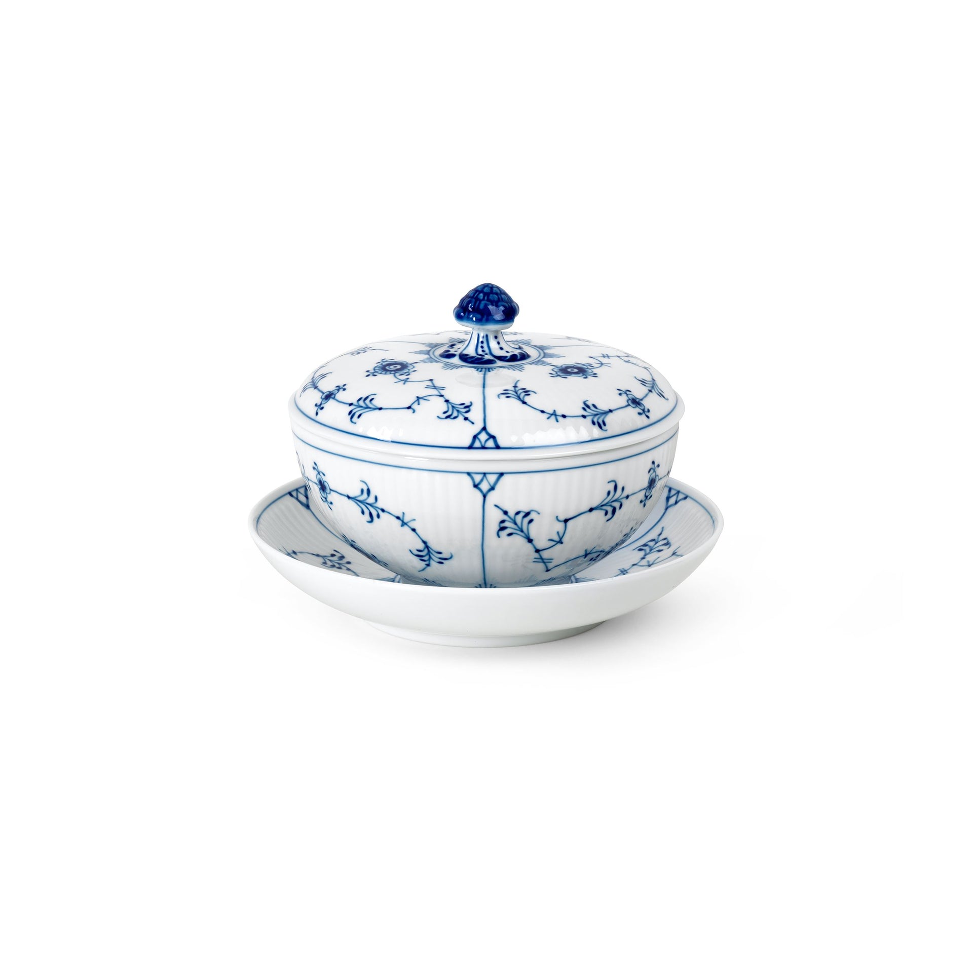 Blue Fluted Plain Bowl with Lid and Saucer, 38 cl