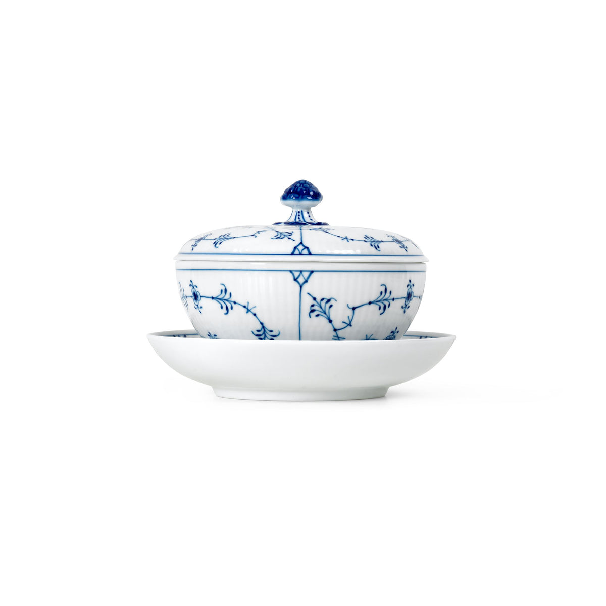 Blue Fluted Plain Bowl with Lid and Saucer, 38 cl