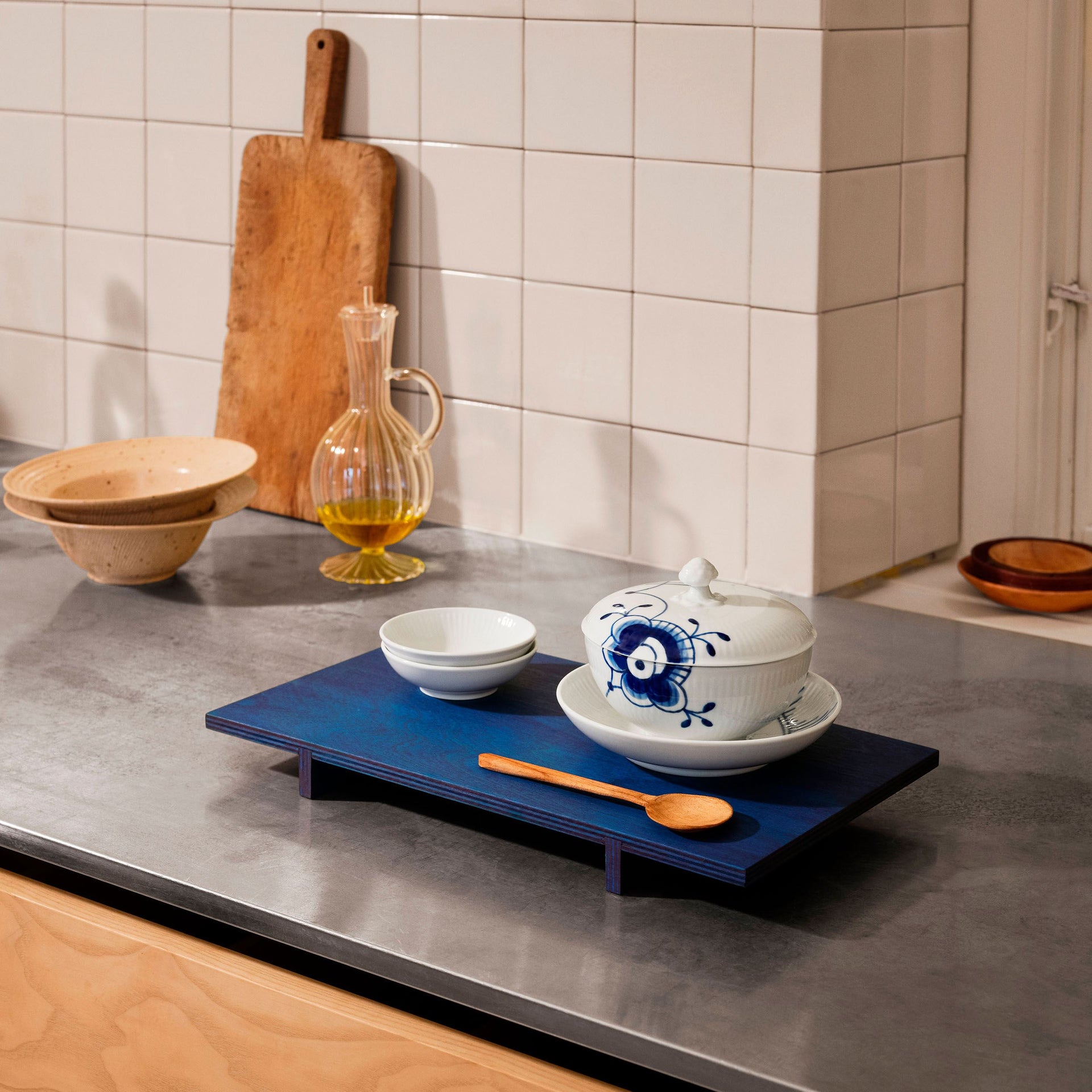 Blue Fluted Mega Bowl with Lid and Saucer, 38 cl