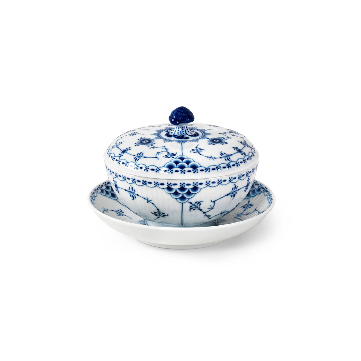 Blue Fluted Half Lace Bowl with Lid and Saucer, 30 cl