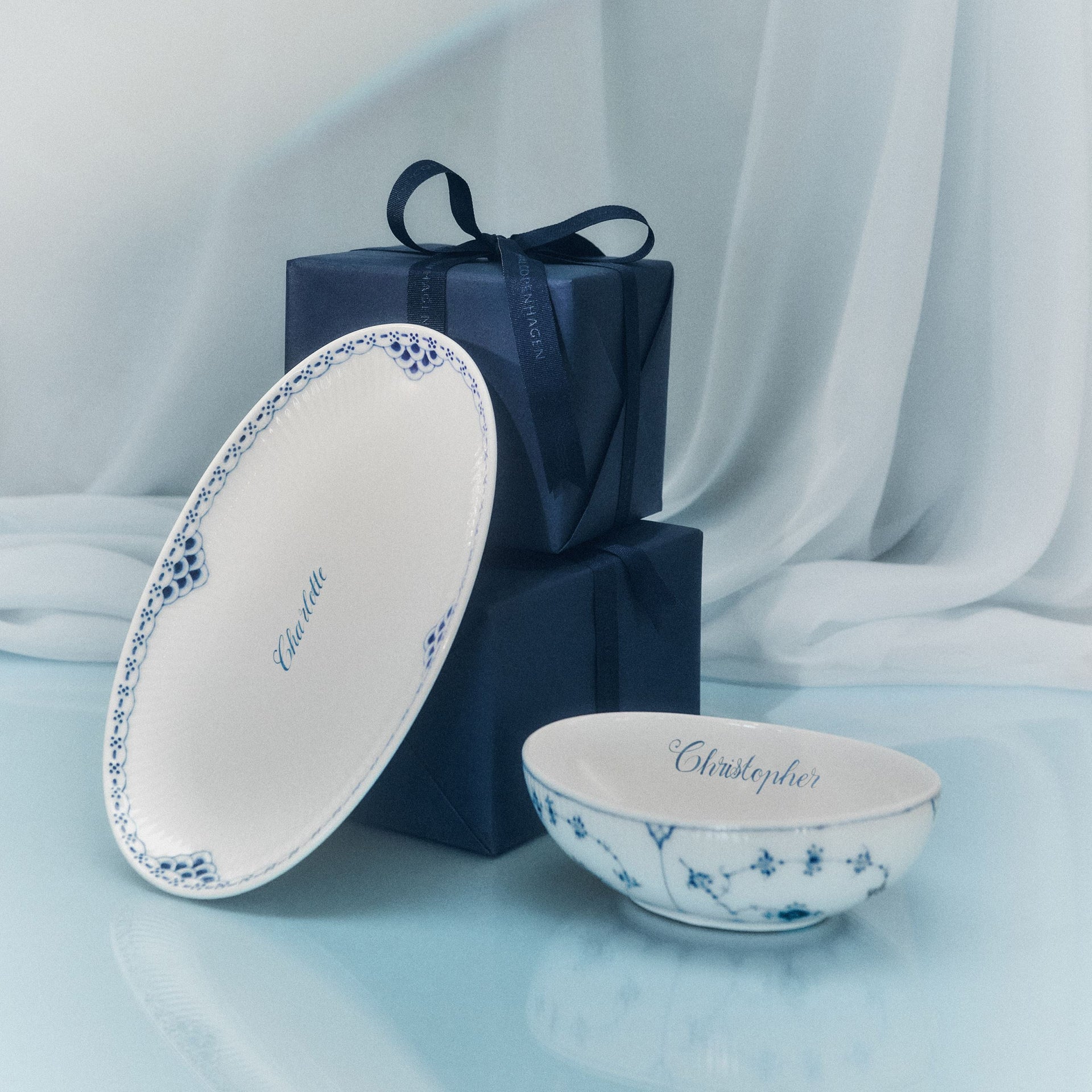 Blue Fluted Plain Oval Bowl, Bespoke, 37 cl