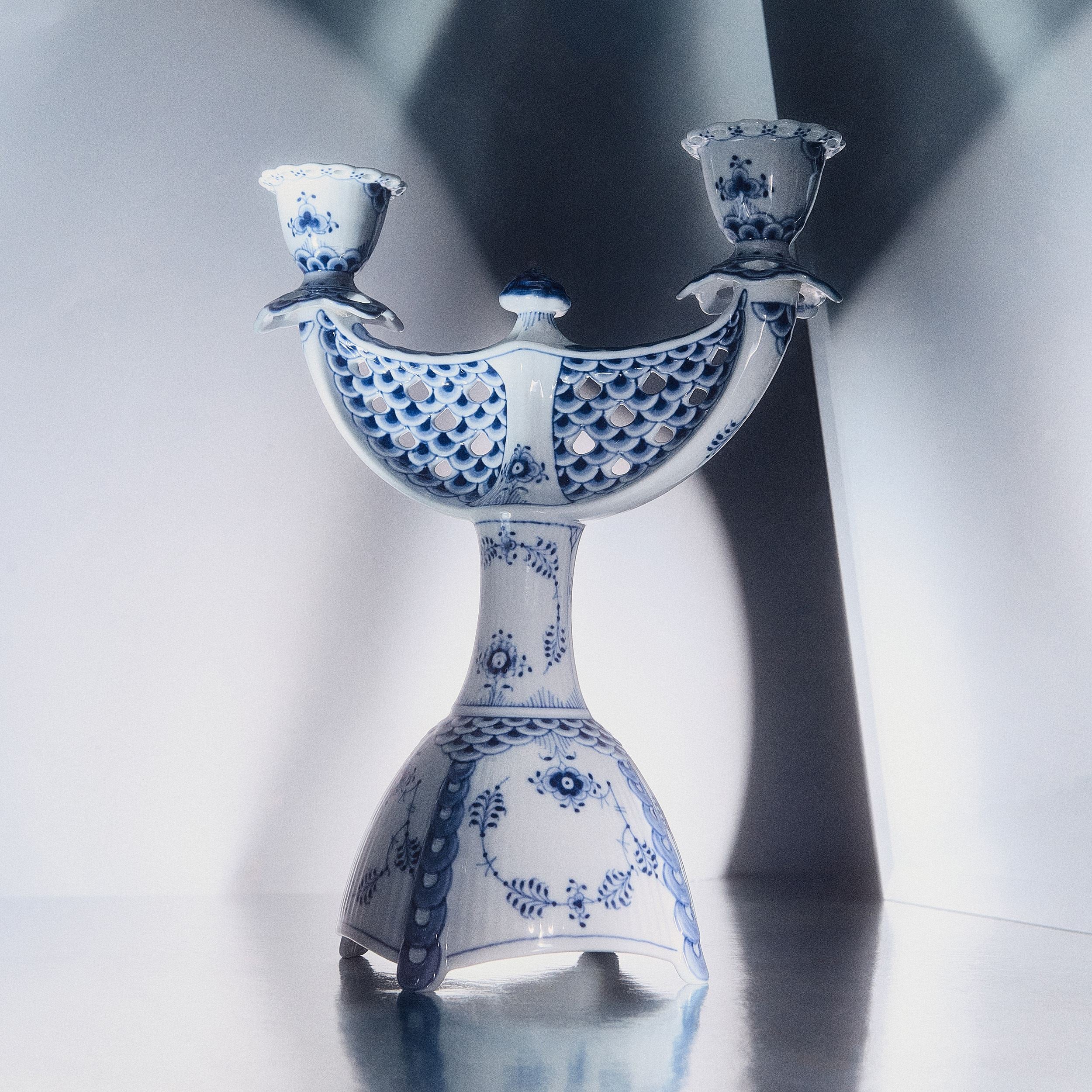 Blue Fluted Full Lace Candelabra, 25.5 cm | Royal Copenhagen