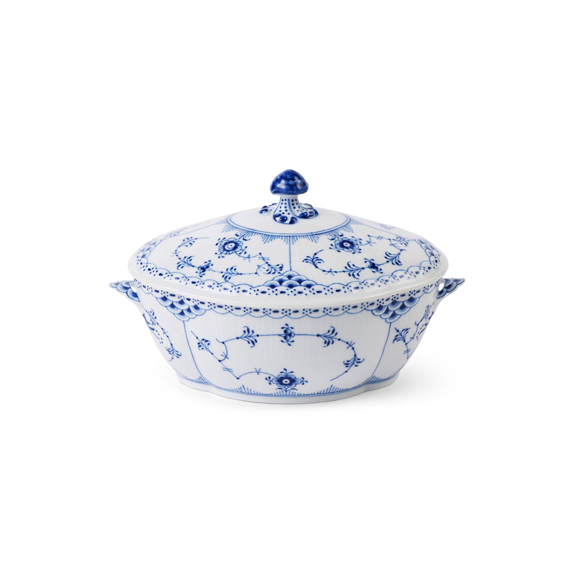 Musselmalet Halbspitze Blau Terrine mit Deckel, 59 cl - Blue Fluted Half Lace Tureen with Lid, 59 cl