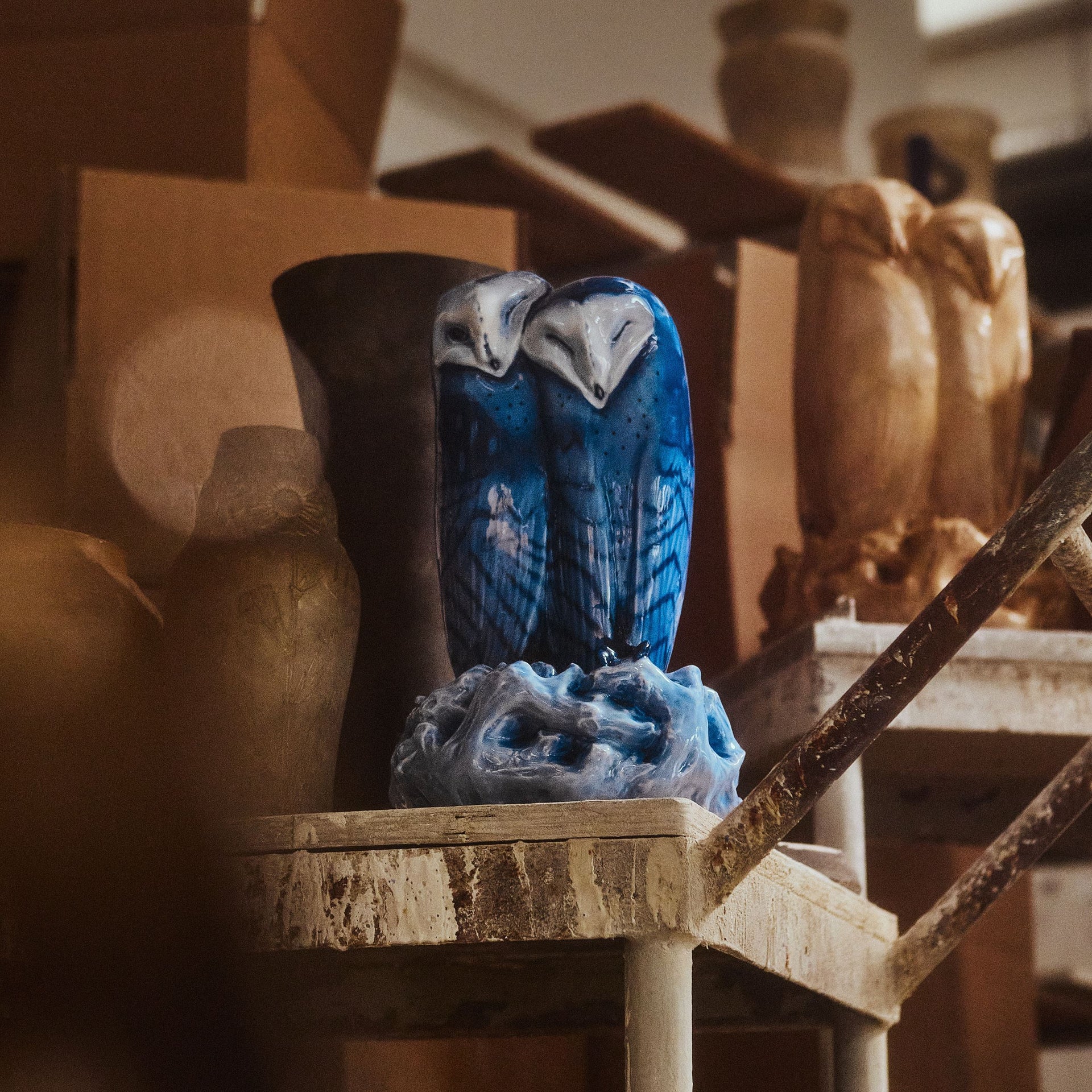 Figurer blåt uglepar, 34 cm - Figurines Blue Owl Couple, 34 cm