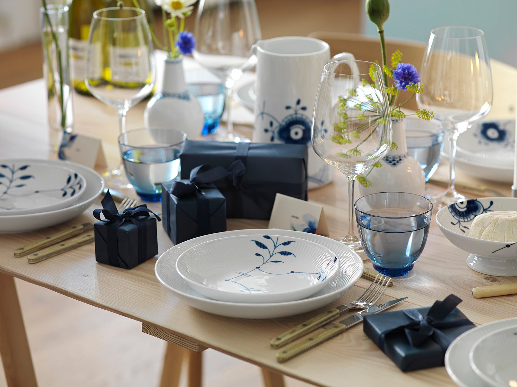 A table set with Blue Fluted Mega