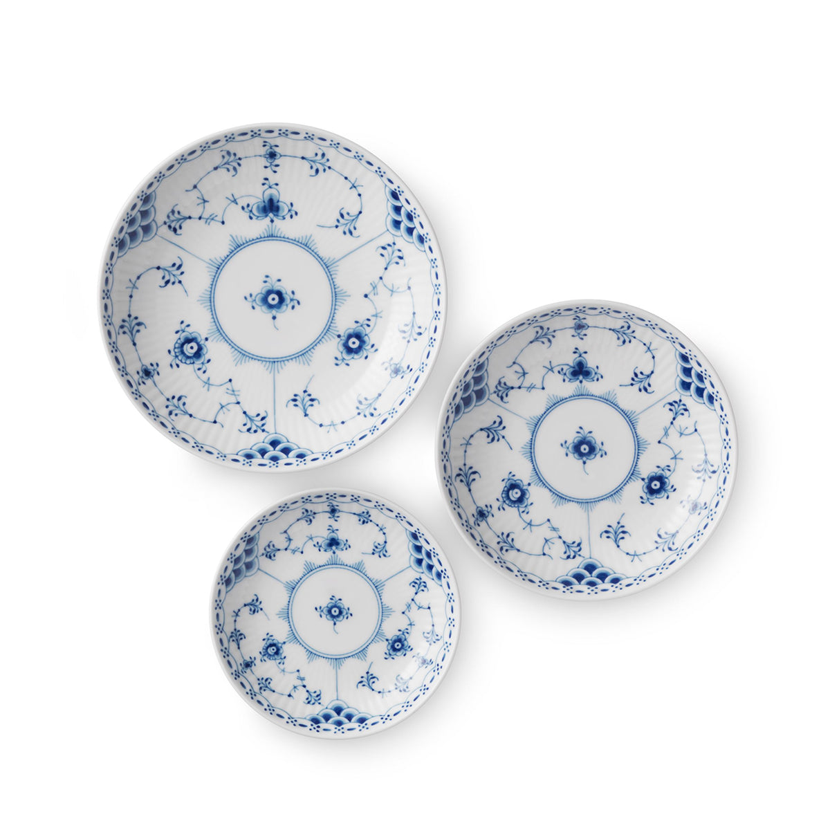 Blue Fluted Half Lace Shallow Bowl, 11 cm, 13 cm, 15 cm, 3 pcs